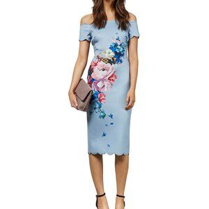 Ted Baker London Light Blue Cold-Shoulder Floral Midi Dress